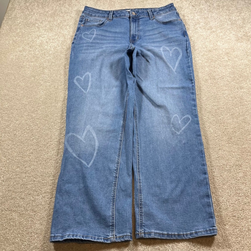 Maurices Relaxed Straight Jeans Womens 16 Blue Heart Print High Rise Stretch